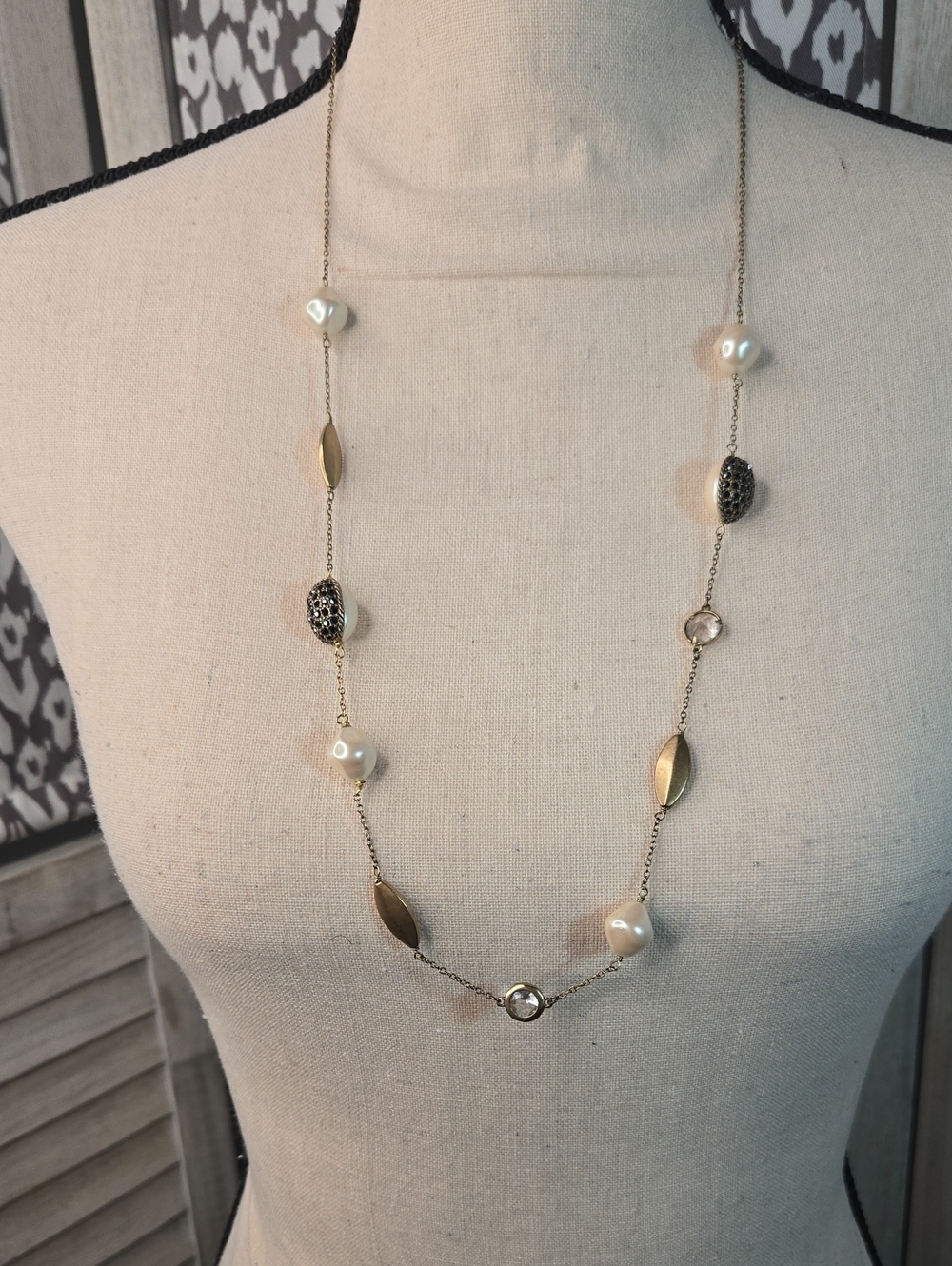 Ellen Tracy Gold-Tone Necklace with Ivory Pearls, Black Crystals, Clear Crystals